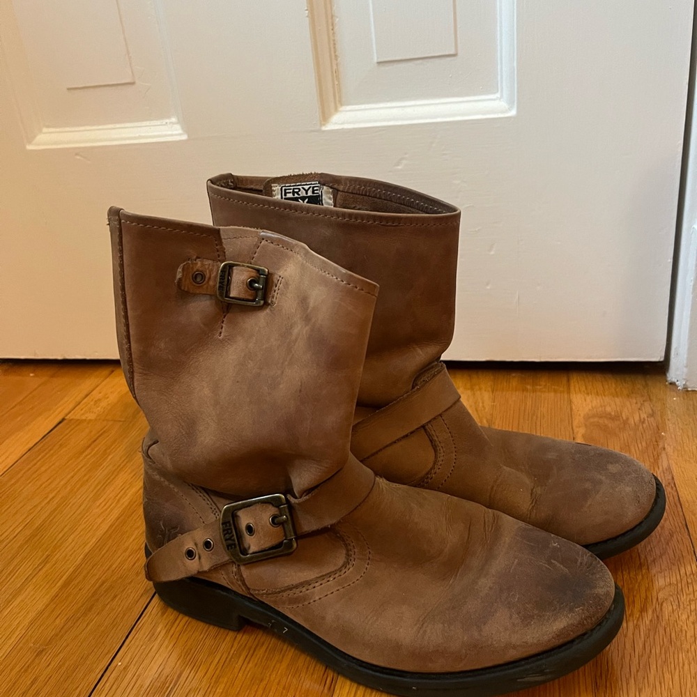 Frye Tan Leather Women’s Boots with Buckle Detail